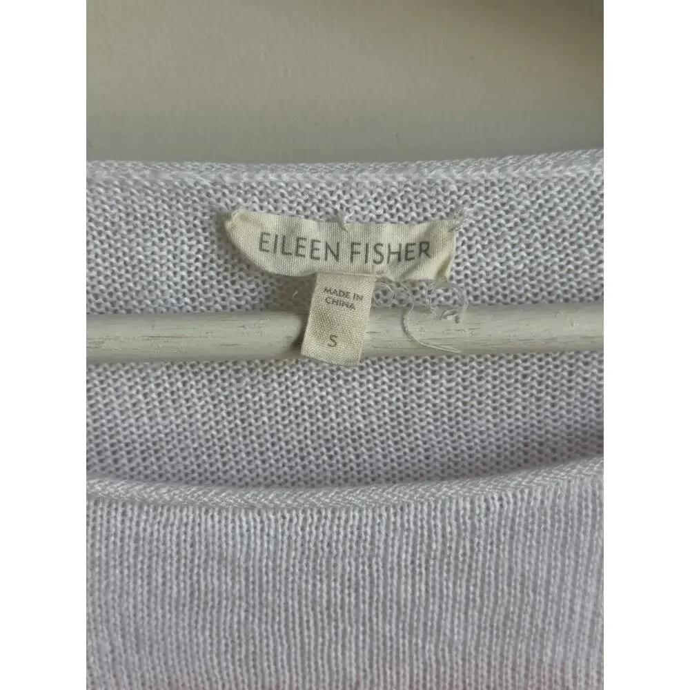 Eileen Fisher 100% Linen Striped Long Sleeve Pullover Sweater White Orange Small